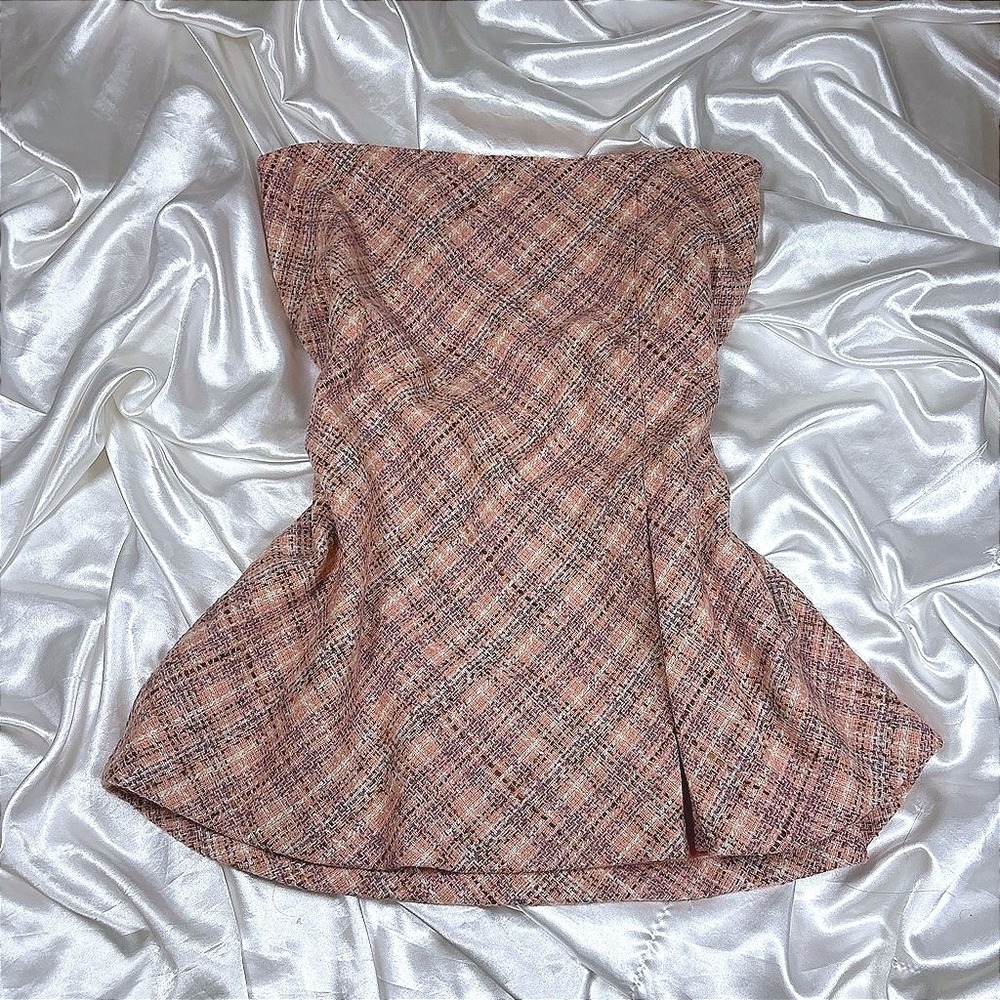 y2k tweed midi skirt Pink Ann Taylor Loft Wool Tweed Plaid Peplum Strapless